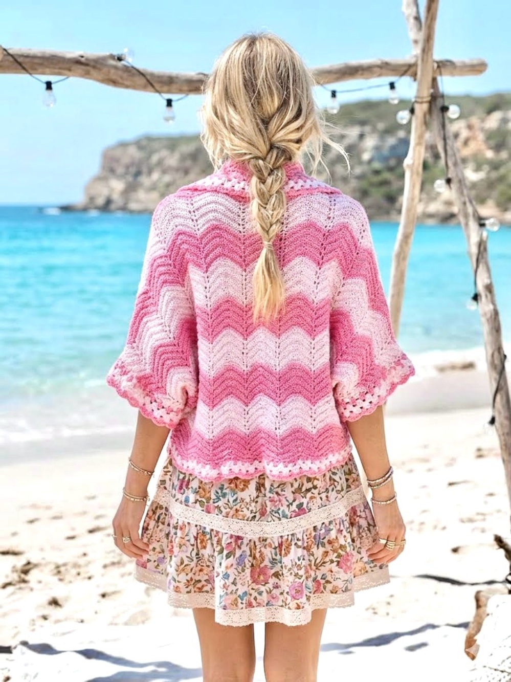 🌙 Artisan Chevron pink shrug knit boho kimono w cottagecore prairie Country vibe